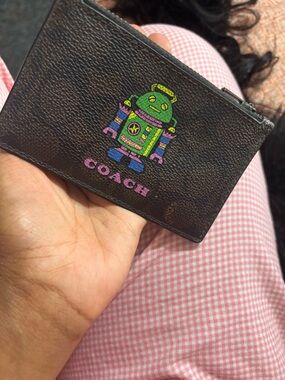 Coach Dark Brown Pebbled Leather Zip Card Case with Colorful Robot